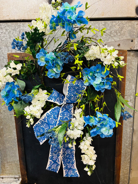 Blue Hydrangea & White Stock Twig Wreath