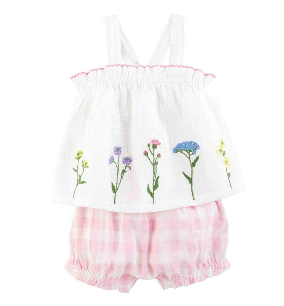 Mudpie Flower Embroidered Baby Pinafore Set