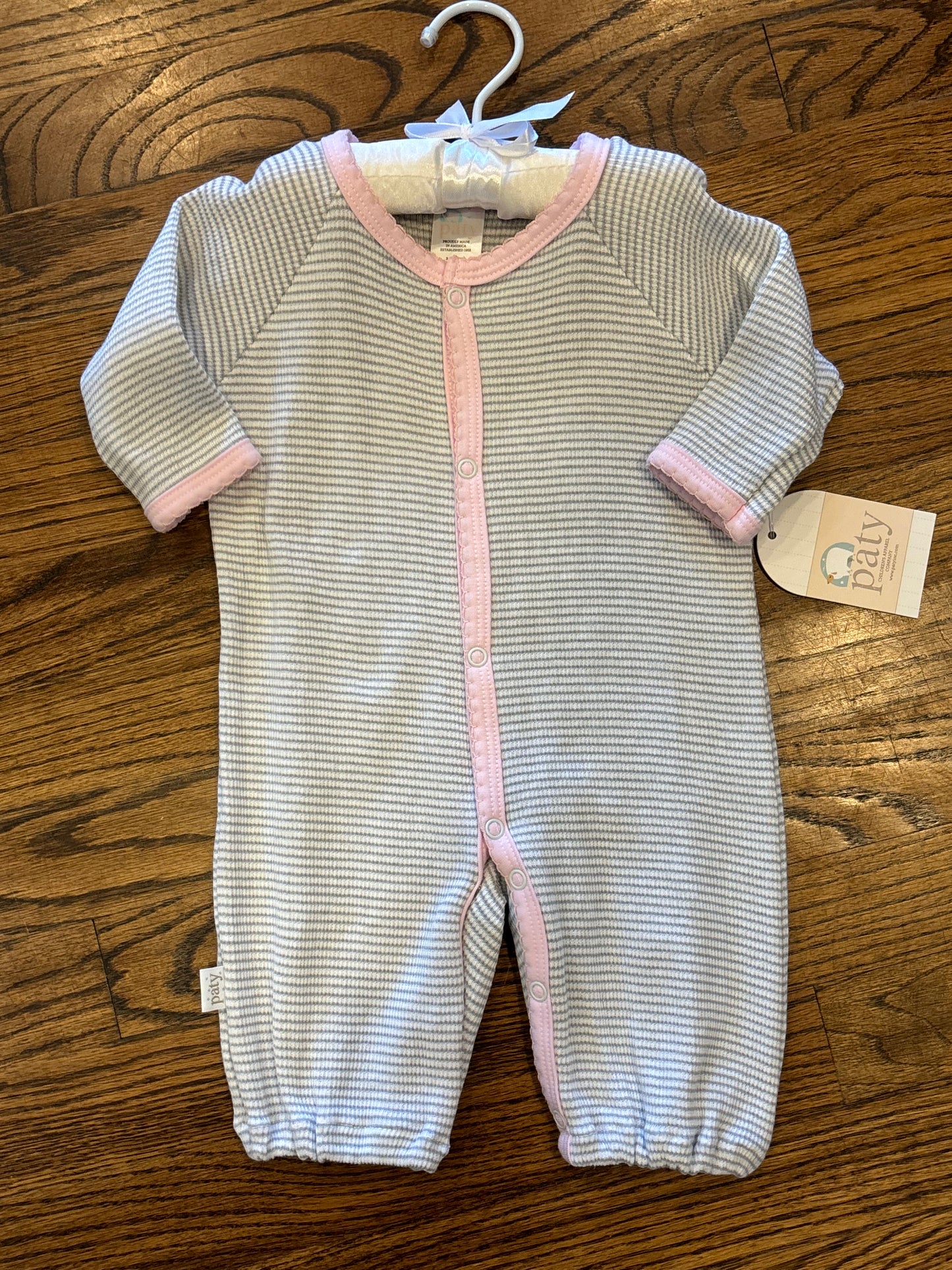 Paty Romper-Grey Stripe W/Pink Trim