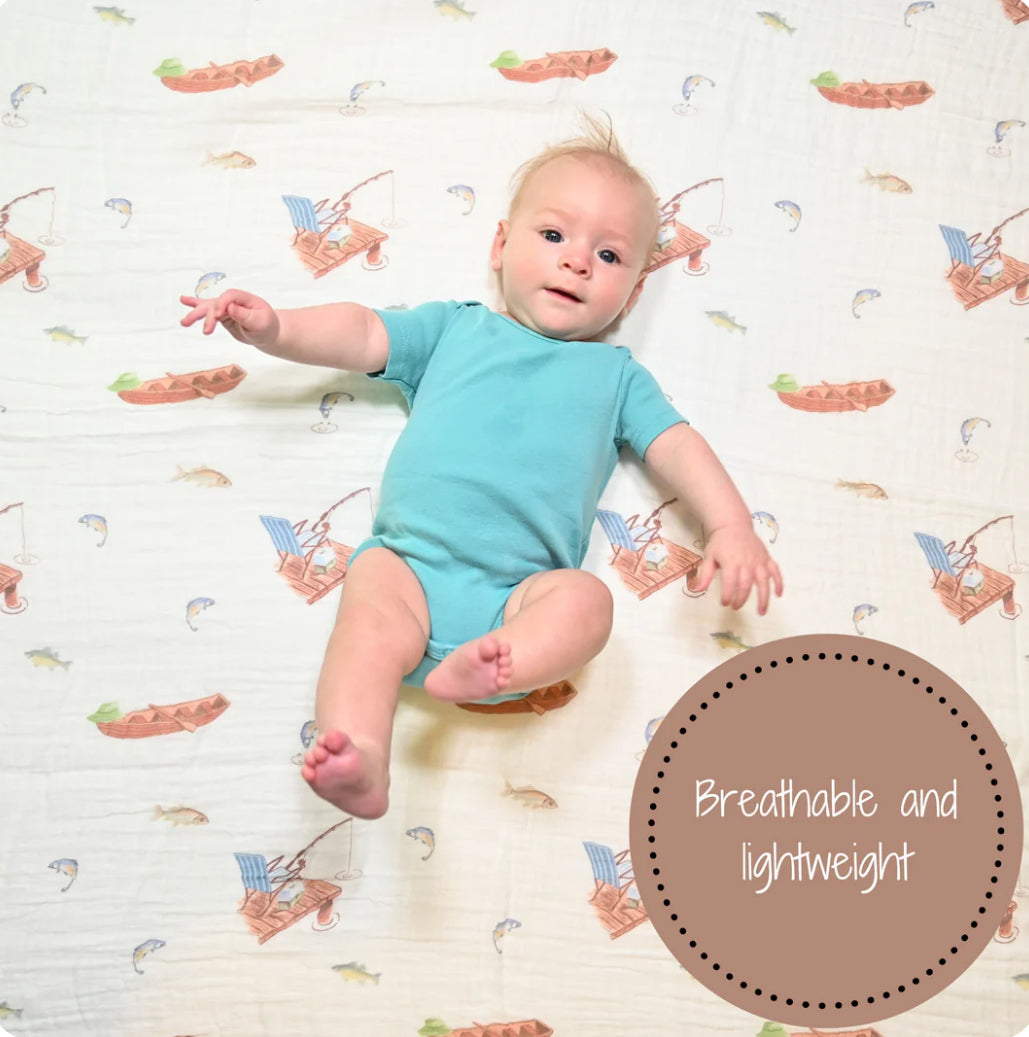 LollyBanks Gone Fishing Baby Muslin Swaddle Blanket