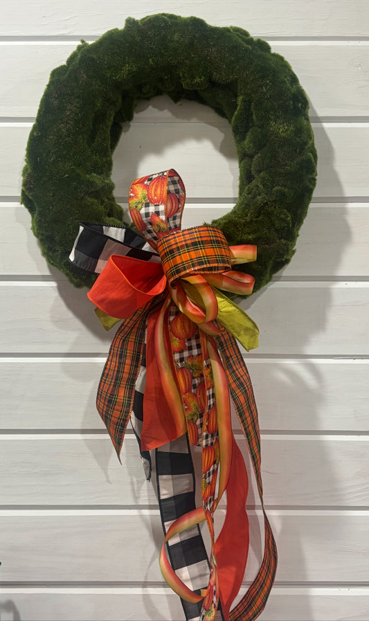 Round Moss Wreath With Fall Plaid & Pumpkin Bow