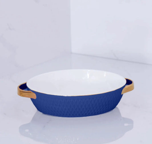 Beatriz Ball Ceramic Small Oval Baker with Gold Handles-Blue