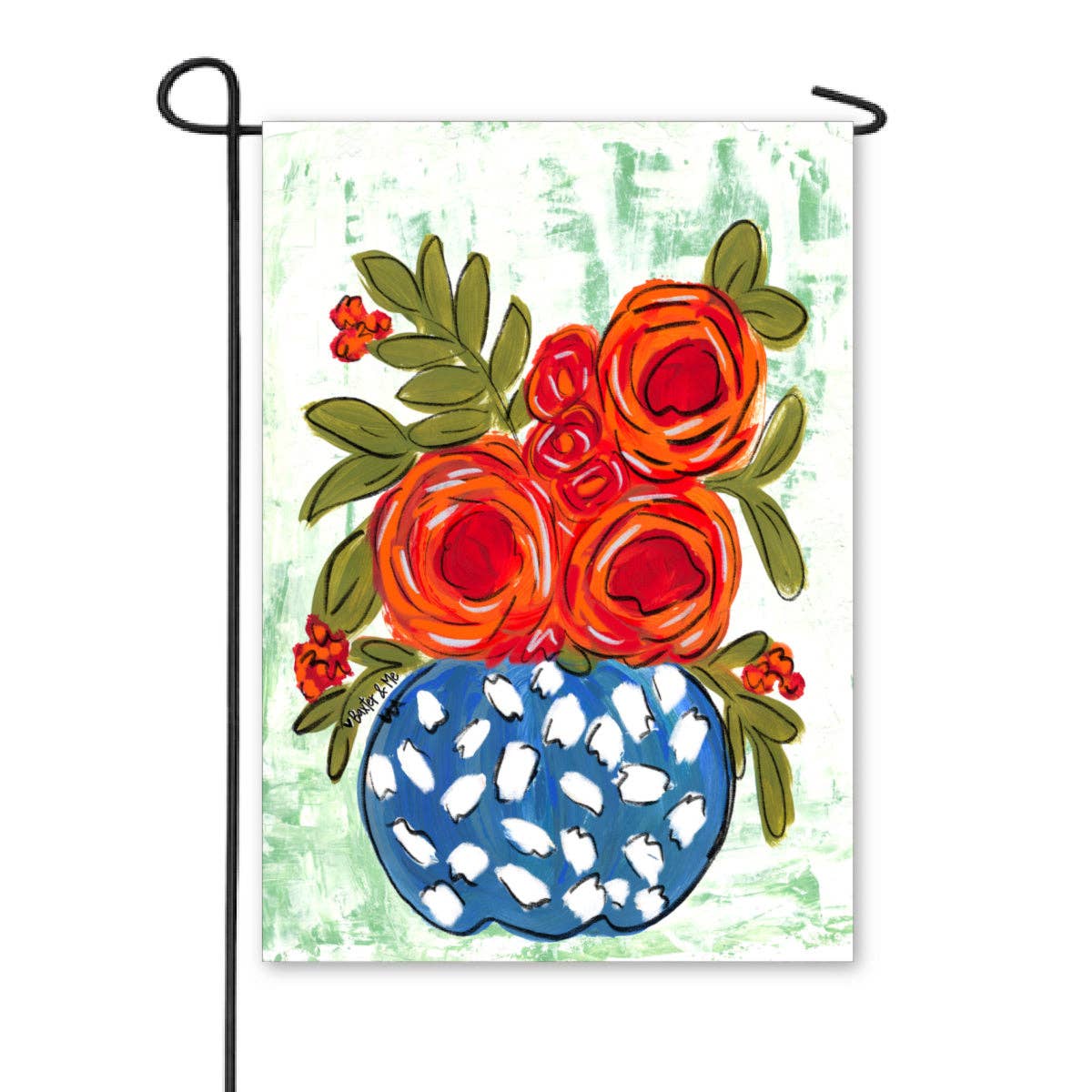 Baxter & Me Garden Flag-Red Floral in Blue & White Vase