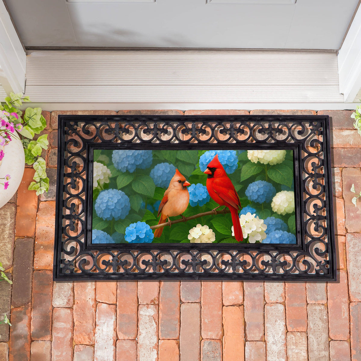 Evergreen Enterprises Sassafras Switch Mat-Cardinal Couple Among Hydrangeas
