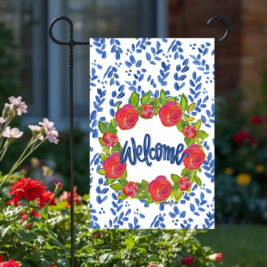 Baxter & Me Garden Flag-Rosie Welcome in Blue