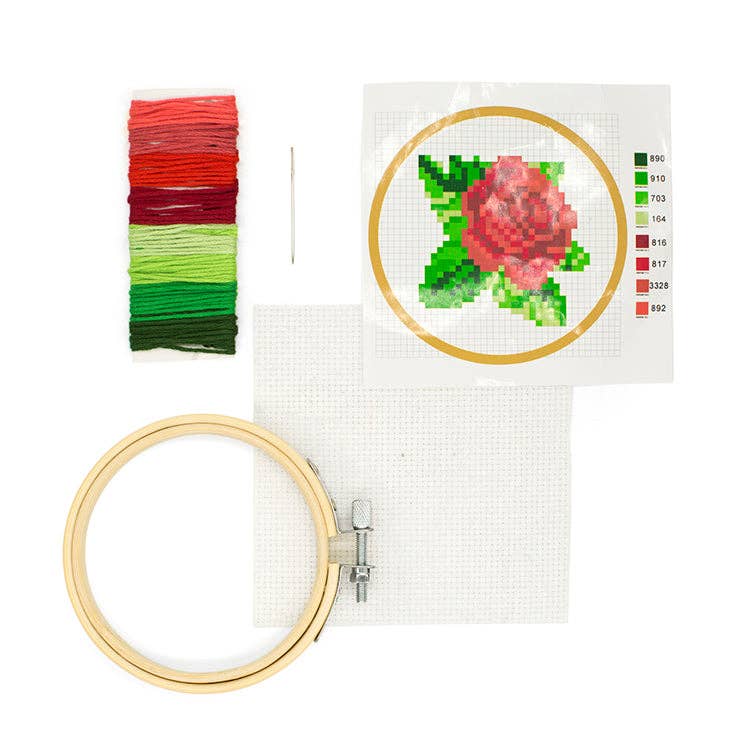 Kikkerland Mini Cross Stitch Embroidery Kit-Rose