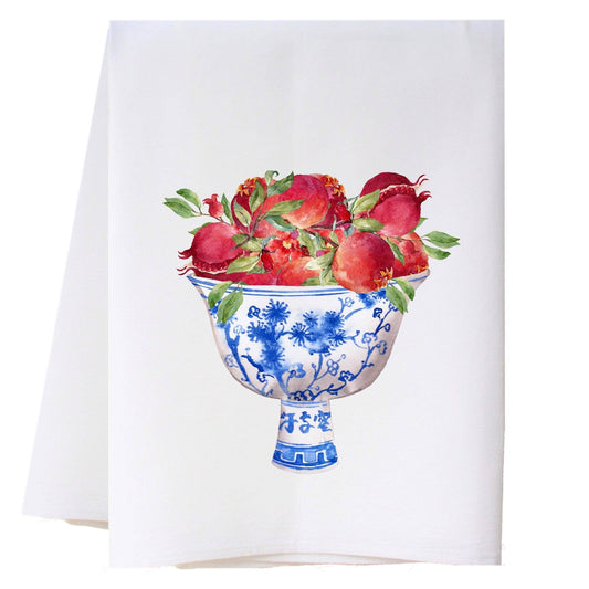 Cora & Pate Kitchen Towel-Blue And White Bowl Of Pomegranates