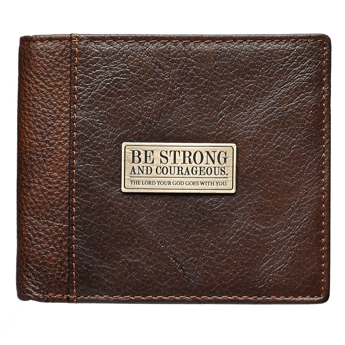 Christian Art Gifts Brown Leather Wallet-Be Strong & Courageous Badge